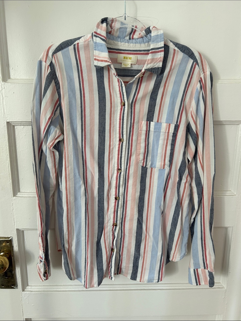 Maeve by Anthropologie, Striped Button-Down Shirt - Blue, Red,Pink & White, W M